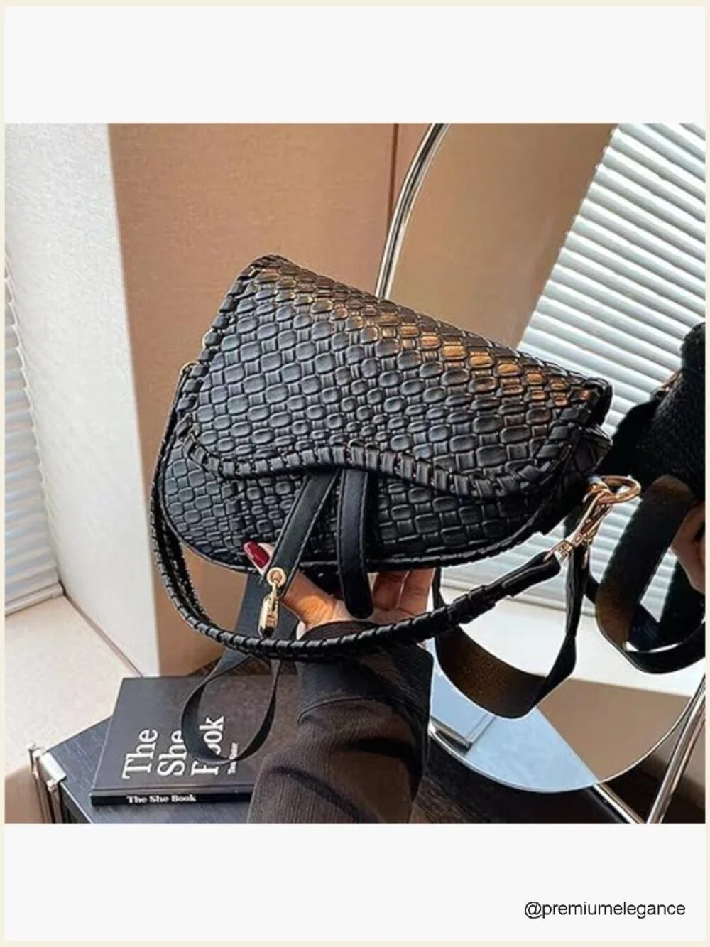 Vintage woven faux leather saddle crossbody bag, PU leather handbag, small